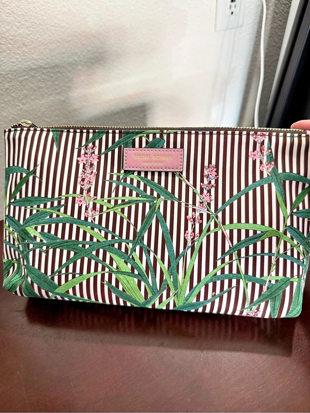 Henri Bendel Centennial Stripe Tropical Floral Large Cosmetic Pouch New